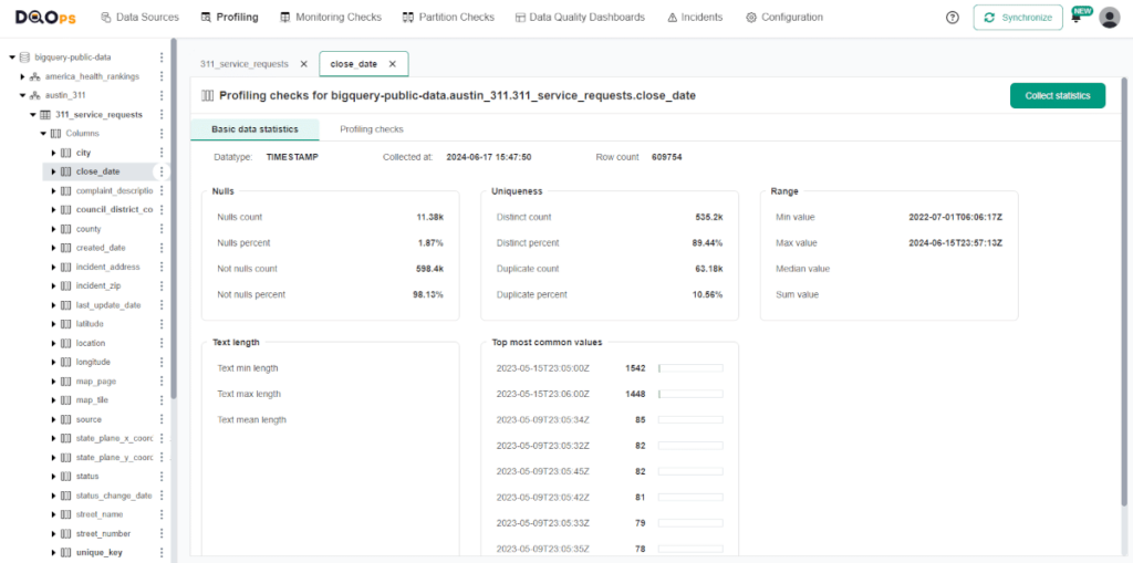 Basic data statisitcs details in DQOps