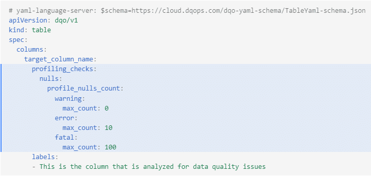Data qualiy check configuration in Yaml file