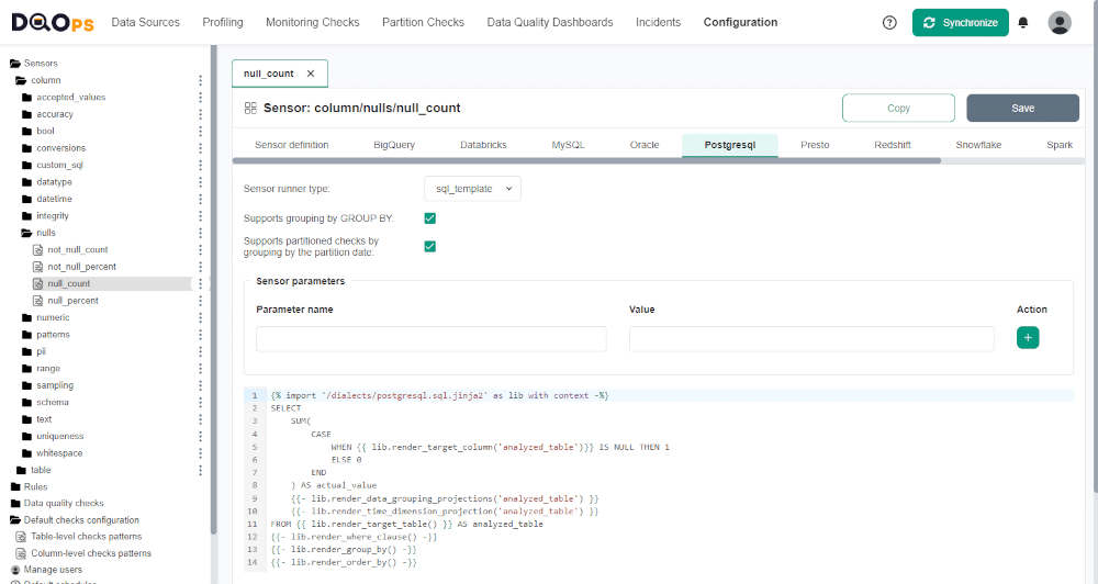 Custom sensor configuration in DQOps