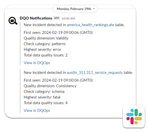 Slck notifications in DQOps platform