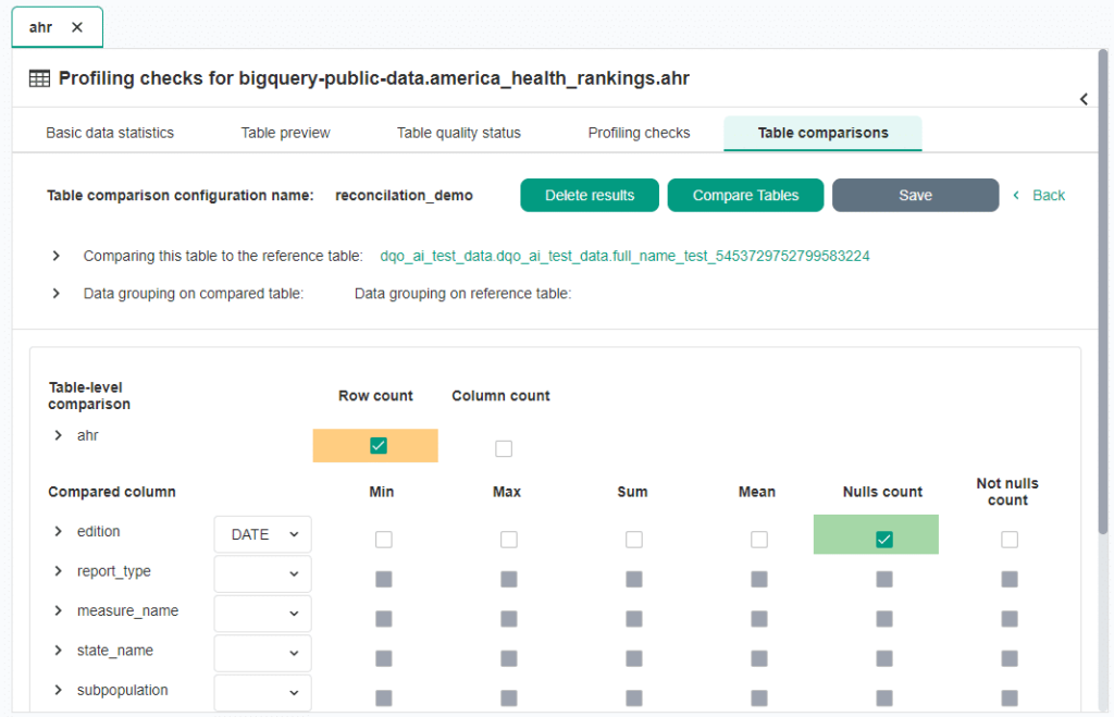 Data comparison in DQOps