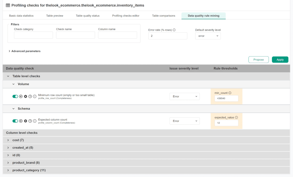 Rule mining engine in DQOps